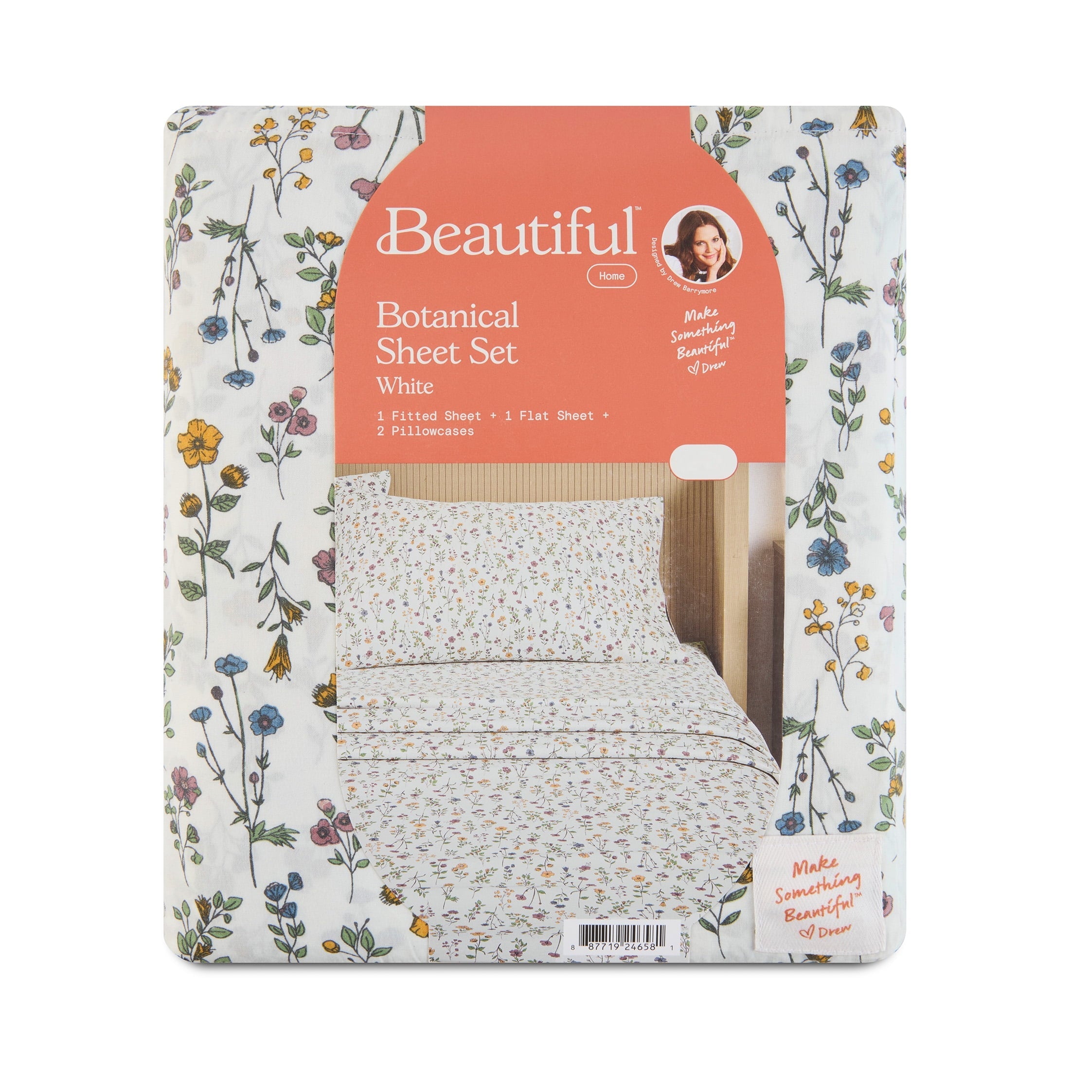 Beautiful Botanical 4-Piece 100% Cotton Washed Percale White Sheet Set, Queen by Drew Barrymore - Image 3